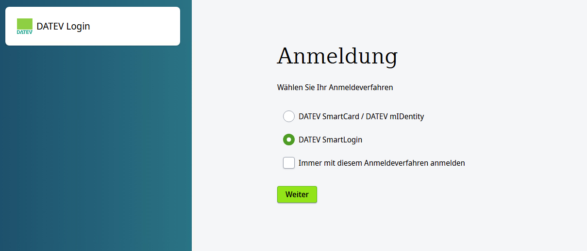 Anmeldung in DATEV Belegtransfer – Screenshot